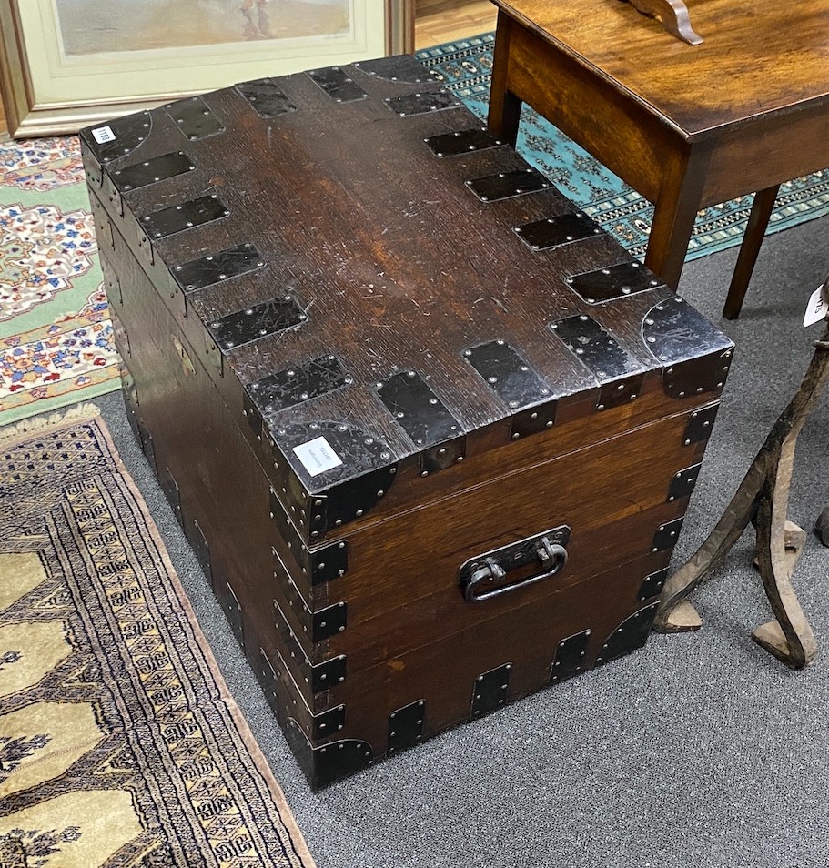 A Victorian iron bound oak silver chest, width 71cm, depth 48cm, height 55cm